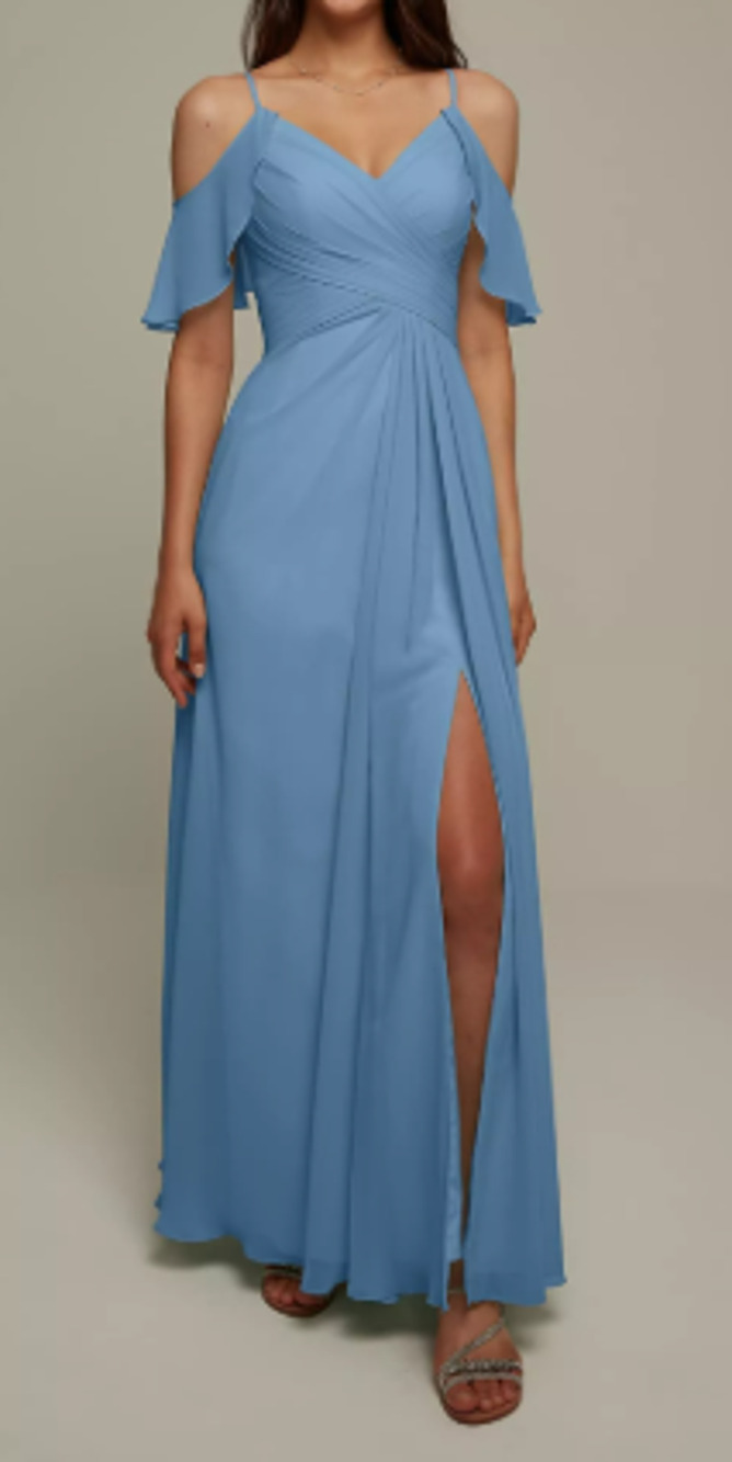 AW BRIDAL 4 S dusty blue chiffon Jenifer bridesmaid formal maxi dress NEW B47
